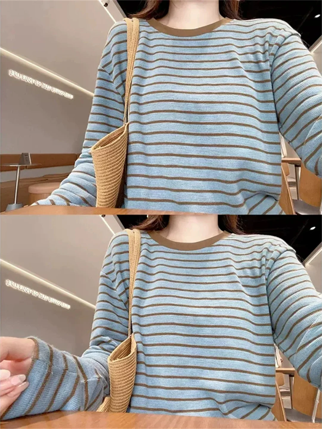 Loose Long Sleeve round Neck Striped T-Shirt Women's Casual Style Inner Wear Base Top Comfortable Breathable Sweat Absorbent