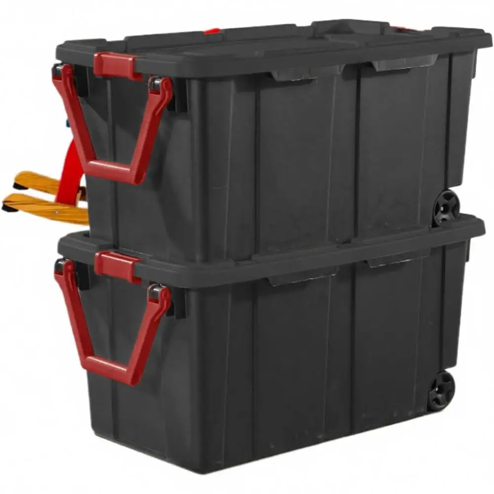 

2 Black 40 Gallon Industrial Tote Plastic Bins with Wheels - Storage Solution
