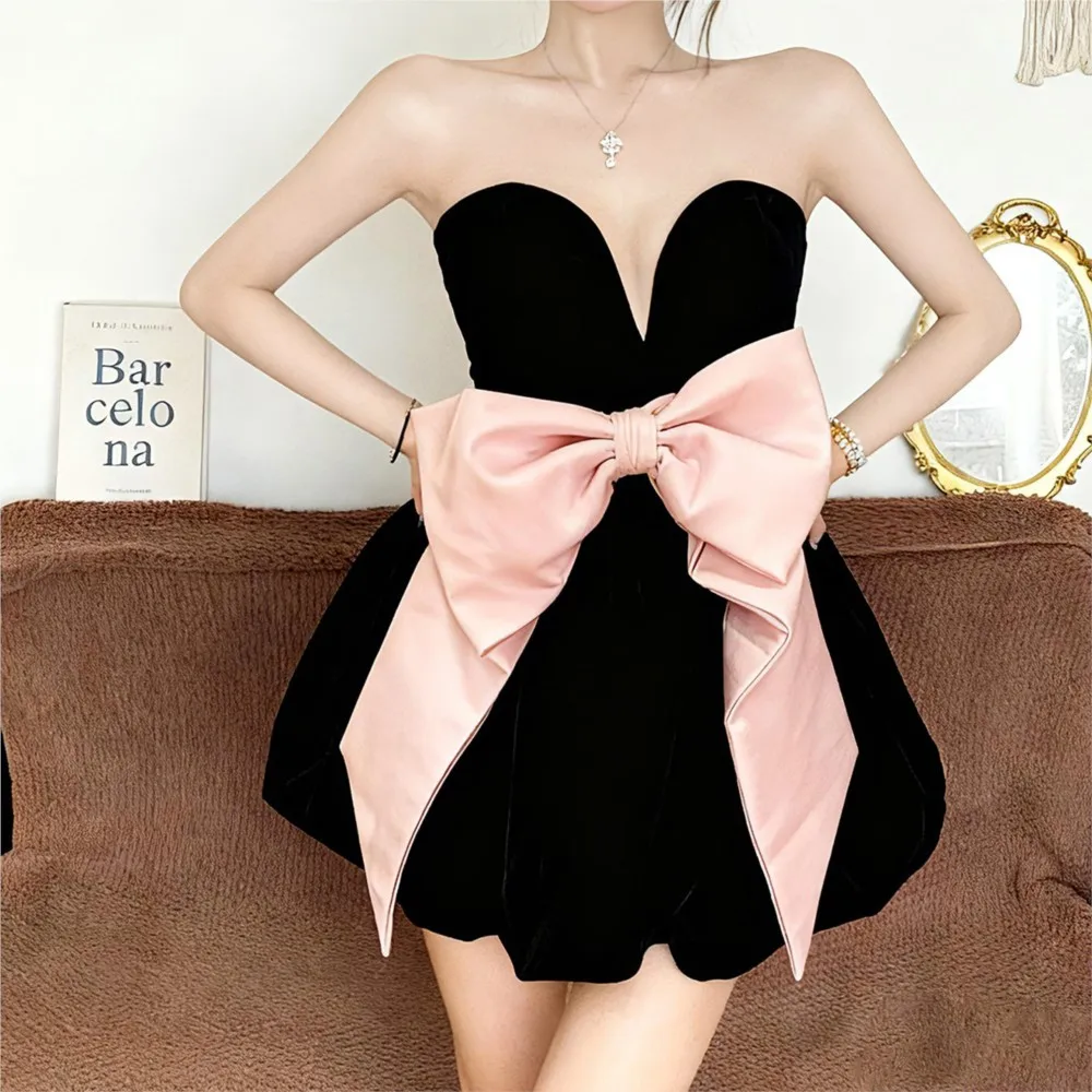 Mode feestjurken voor dames avondjurk rugloze biggenborst vestidos sexy banket slanke strik contrasterende kleur mouwloos