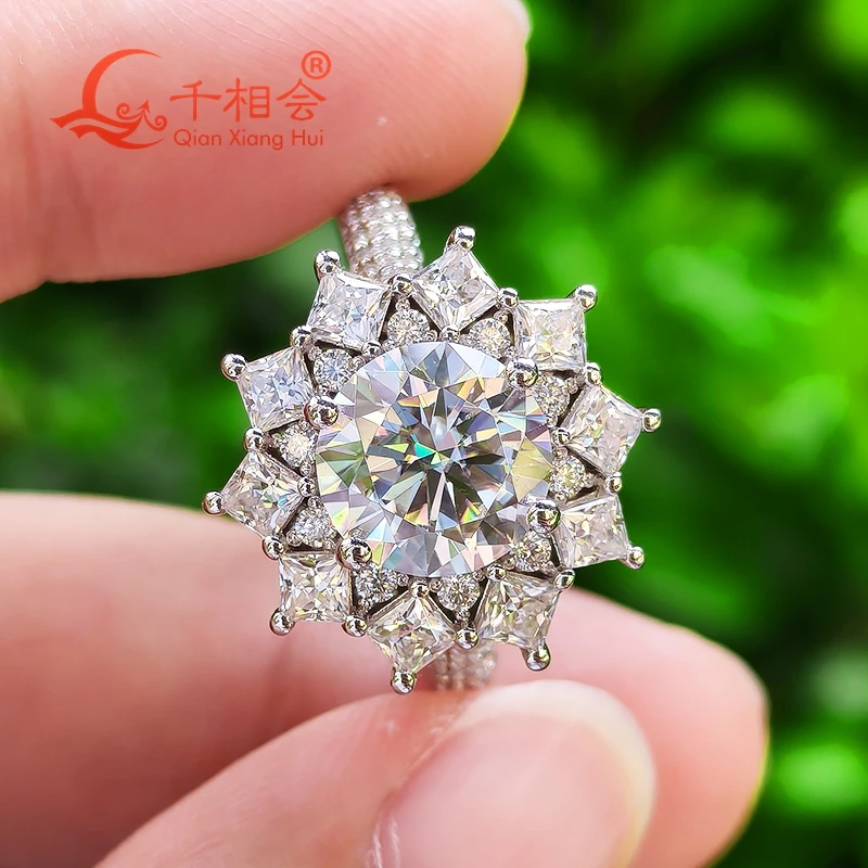 8.5mm round with square shape flower D VVS White Moissanite  S925 Silver ring Half melee stone Band Wedding Gift