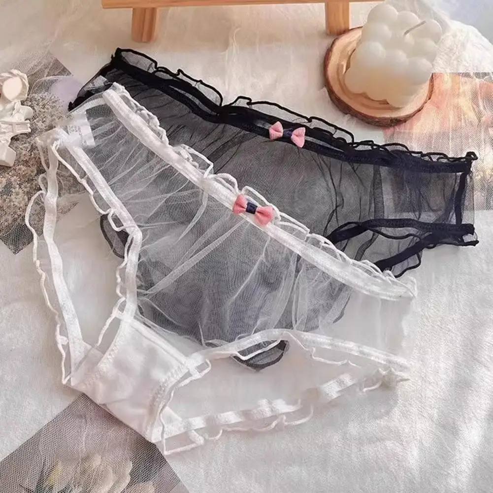 

Women's Ruffle Trim Cut Out Mesh Panties Sexy Low Rise Sheer Underwear with Bow Ultra Thin Soft See Through Briefs