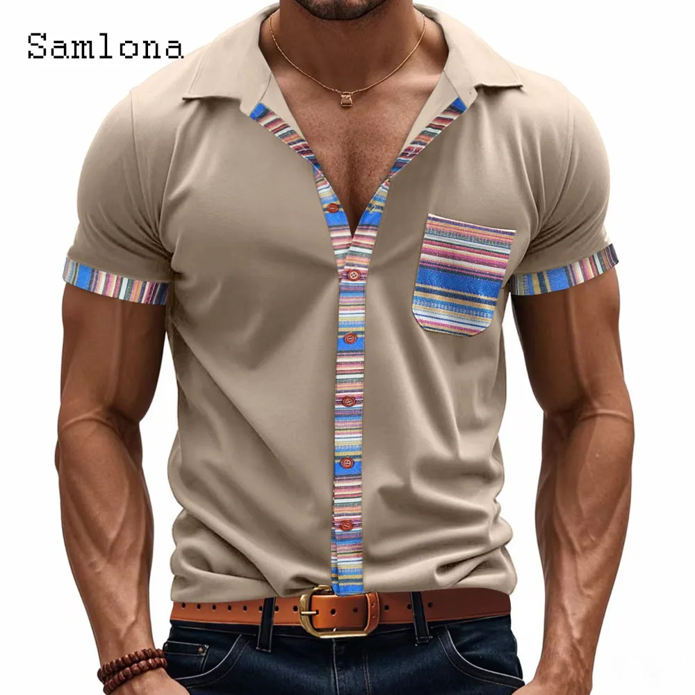 2025 Americ Style Fashion T-shirt Men Short Sleeve Patchwork Top Pullovers Open Stitch Notched Tees Shirt Men's Polo Shirts New
