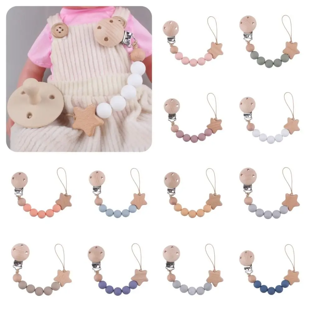 

Dummy Clips Pacifier Holder Clips Star Soother Holder Baby Pacifier Chain Nipple Holder Clips Wood Baby Teether Toys Straps