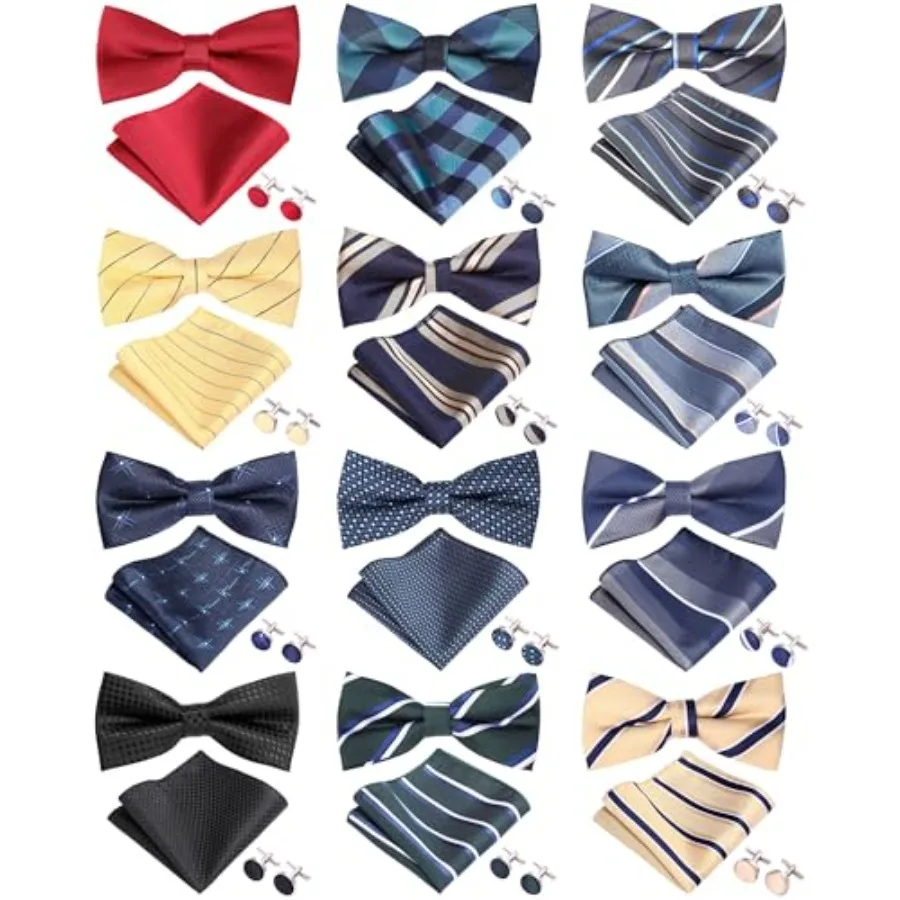 Chicingyou 12 Bowties for Men Bow Ties and Pocket Square Set and Cuff Link Self Pre Tied Clip on Bow for Wedding Formal Party