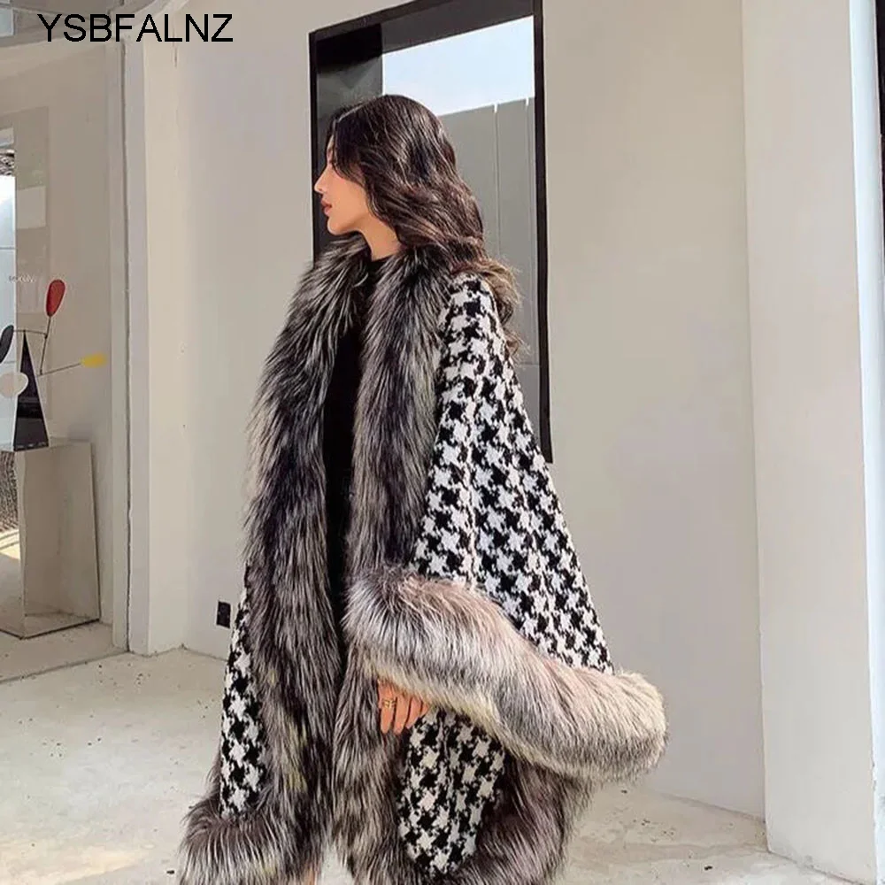 2023 Women\'s Fur Coat Poncho Wool Warm Fashion Houndstooth Knitted Cloak With Fur Trim Luxury Faux Silver Fox Fur Poncho Cape