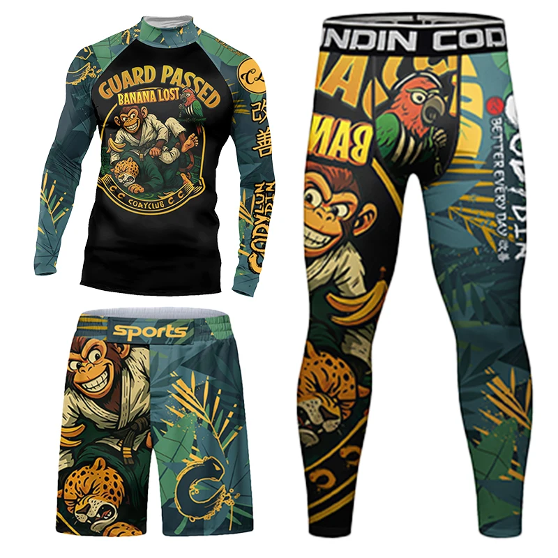 كودي لوندين مان طفح الحرس BJJ OEM الملابس التجفيف السريع تنفس القتال الجري الذهب الأخضر كاملة الملاكمة التايلاندية جيو جيتس كيت