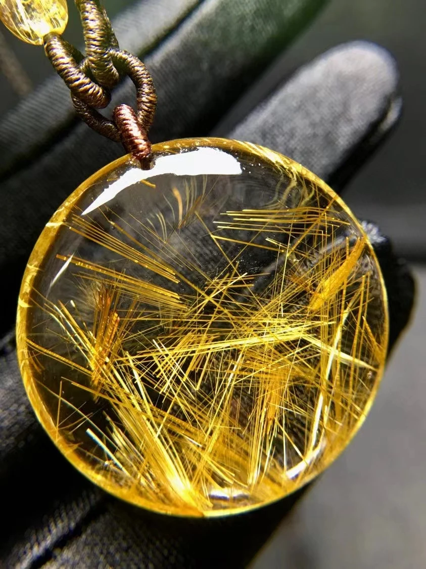 

Natural Gold Rutilated Quartz Rectangle Pendant Round Rutilated Quartz Jewelry 32*32*8.5mm Men Women Brazil AAAAAAA