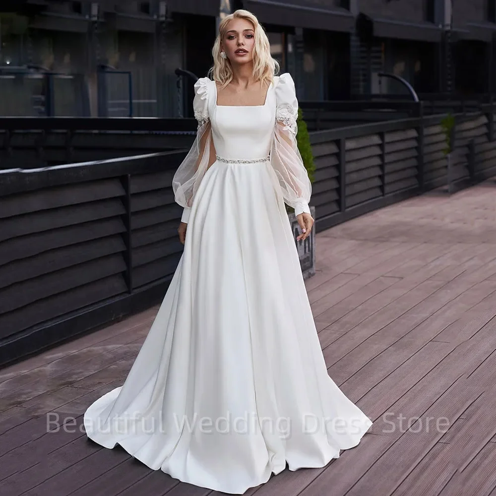 Classic Square Neck Wedding Dress Puffy Sleeve Button Back A Line Appliques Bead Waist Satin Bridal Gown Vestidos De Novia