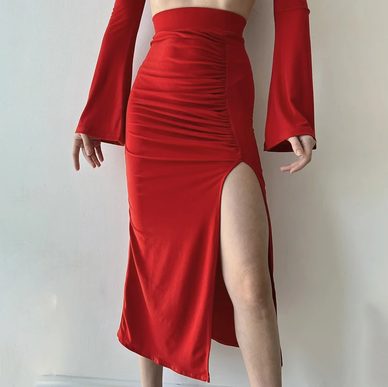 Jupe longue froncée pour femme, taille haute, coupe couvertes, couleur unie, rouge, noir, club, style de rue, mode chaude, S, M, L, nouveau