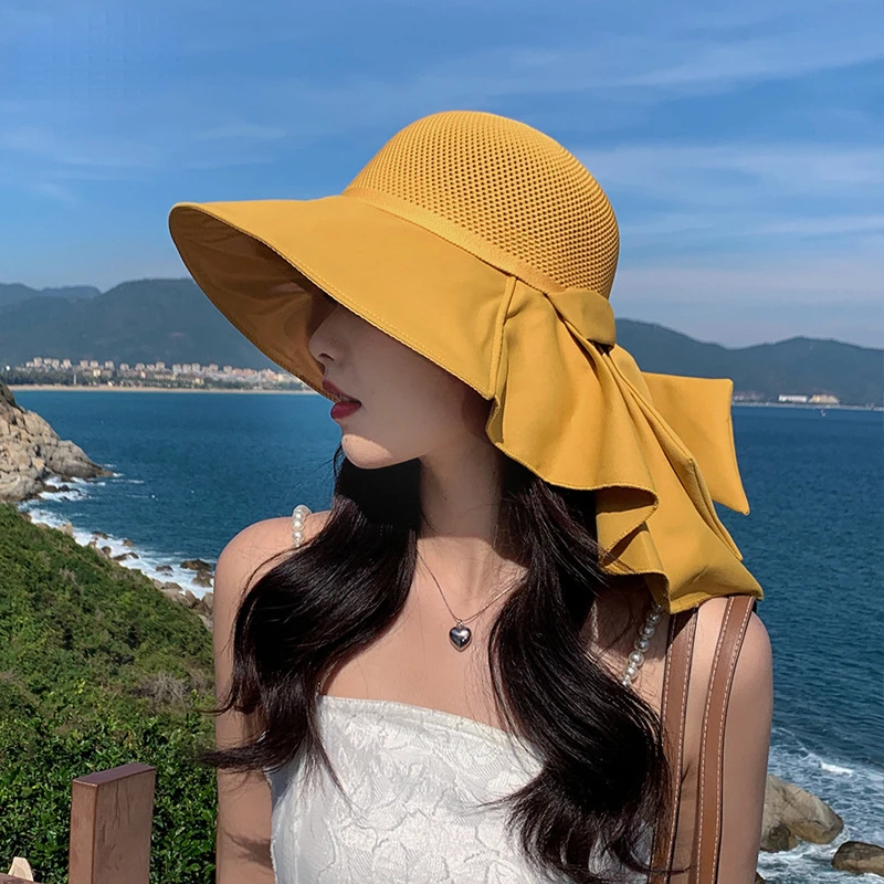 Summer Women Bucket Hat with Shawl Lightweight Breathable Mesh Face Neck Protection Sun Hat Bow Pleat  Beach Cap Design Travel