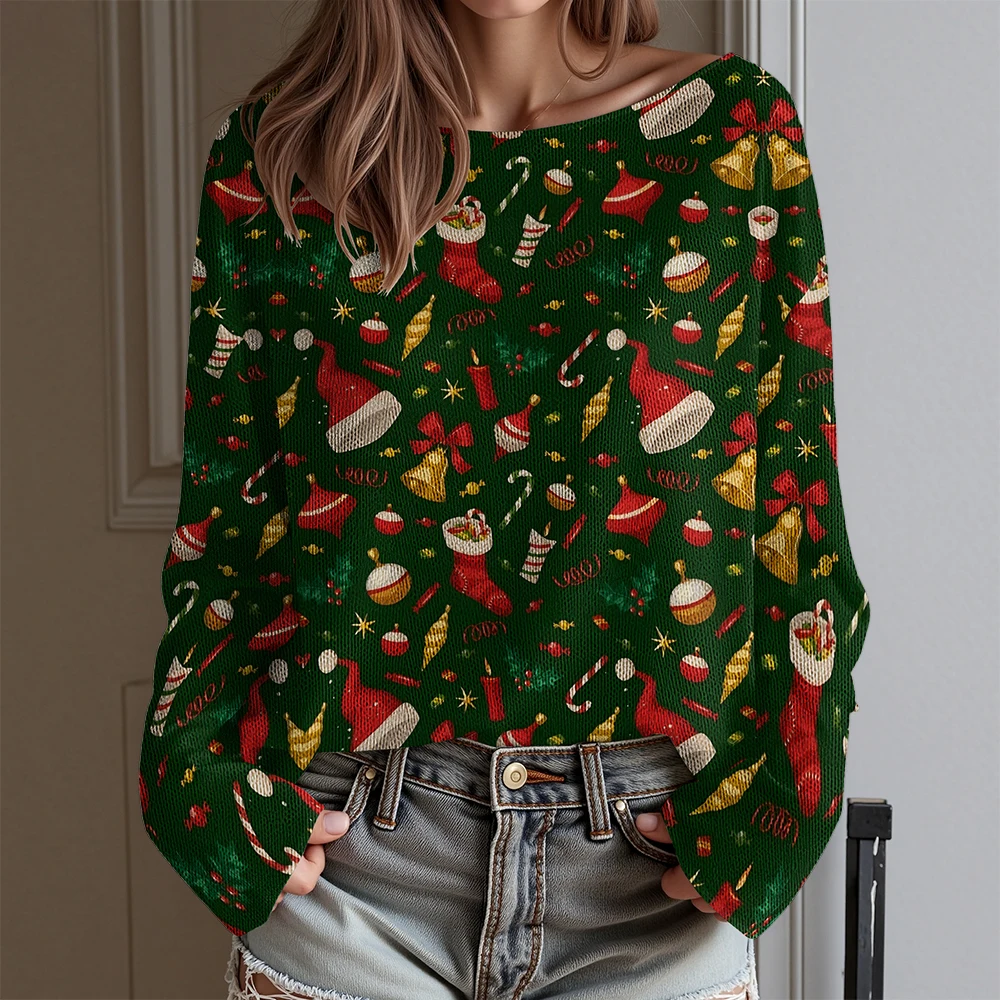 

Women's sweater with exposed collarbone Christmas clothing Long sweater Christmas casual women's sweater