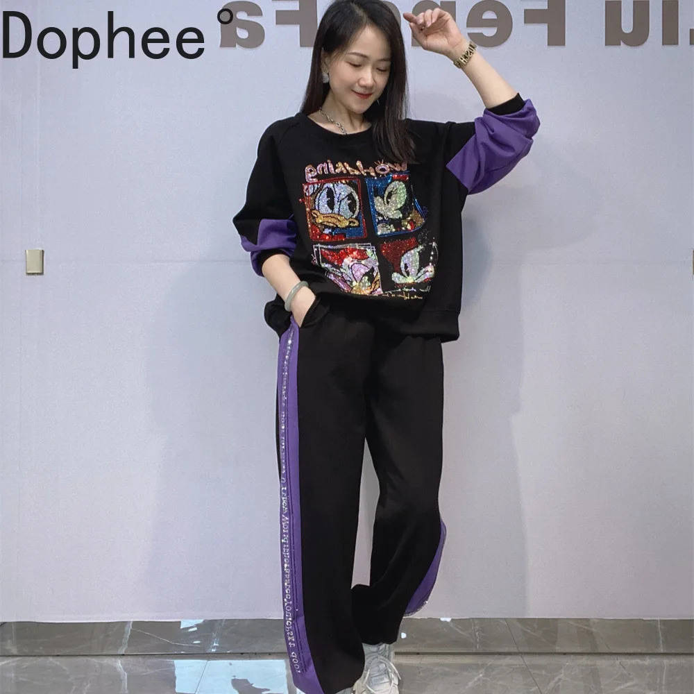 

Модный осенний комплект из двух предметов для женщин, толстовка с длинными рукавами и длинными рукавами с цветными блоками, топ + свободные спортивные брюки с эластичной резинкой на талии