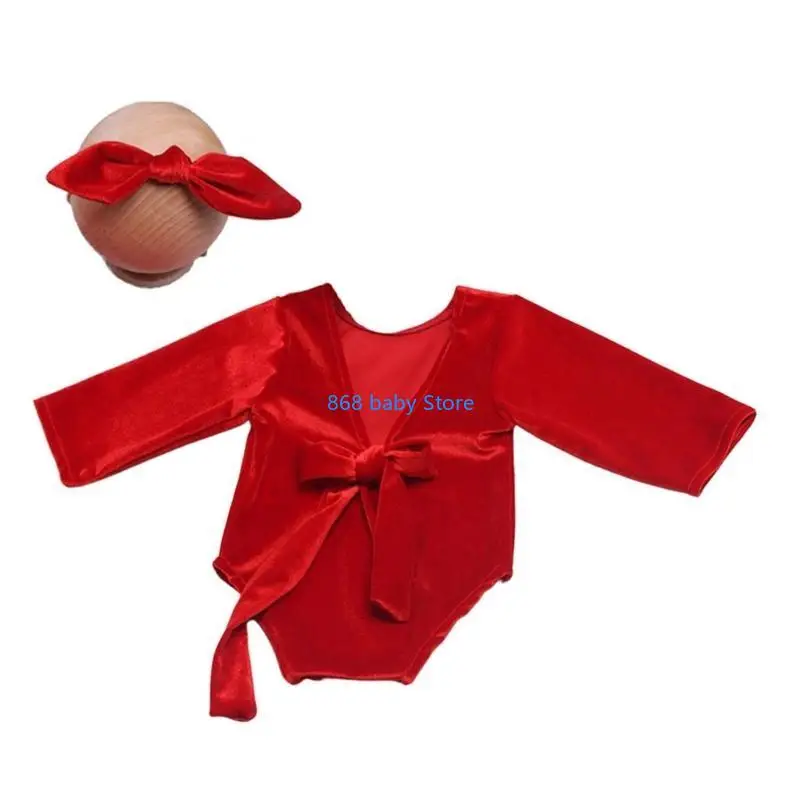 29EE الوليد صور الدعائم Bowknot عقال عارية الذراعين بذلة حمراء الانتحال ملابس الطفل التصوير دعوى الرضع عيد الميلاد زي #3