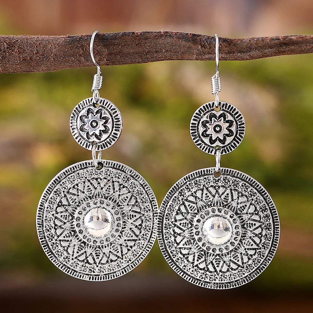 DIY accessories AliExpress hot sale retro ethnic style round printing pendant earrings, cross-border geometric niche versatile e
