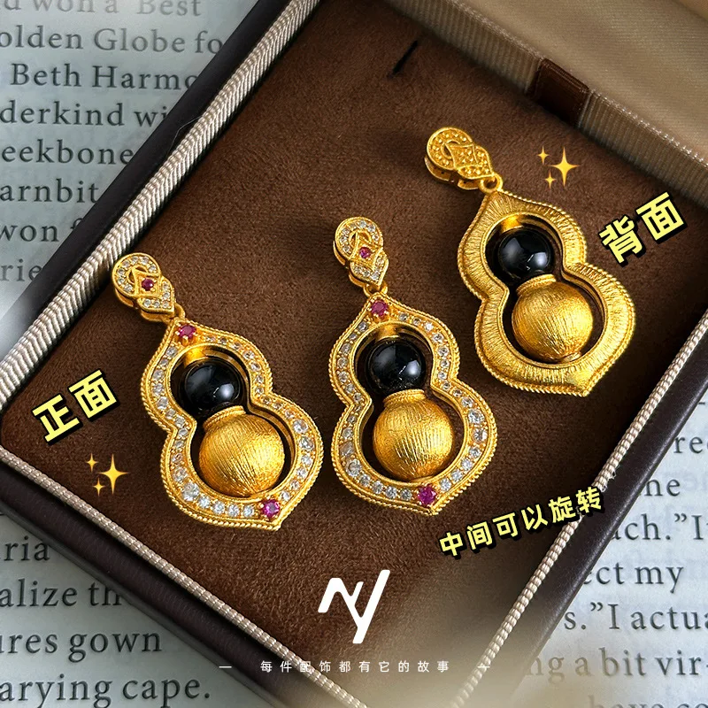 Point diamond rotating obsidian drawing calabash pendant for female 9999gold