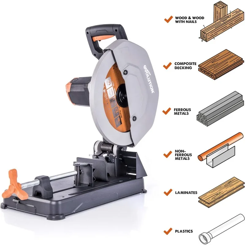 Evolution Power Tools R355CPS 14-Inch Chop Saw Multi Purpose, Multi-Material Cutting Cuts Metal, Plastic