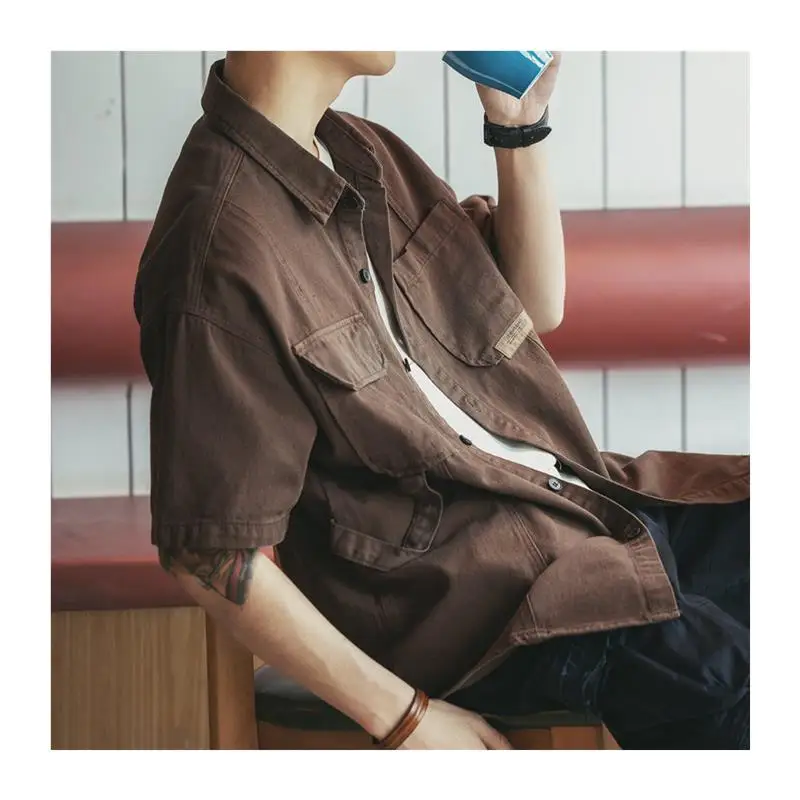 

American Sle Retro Workwear irt Men's Summer Loose Casual ort Sve Men's Jaet Faionable Urban Youth Summer irt