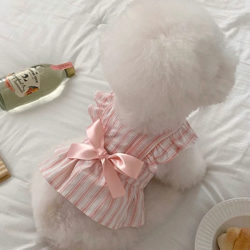 Japanese Striped Pet Princess Dress Teddy Summer Dress Bichon Frise Bow Clothes Small Dog Yorkshire Pullover