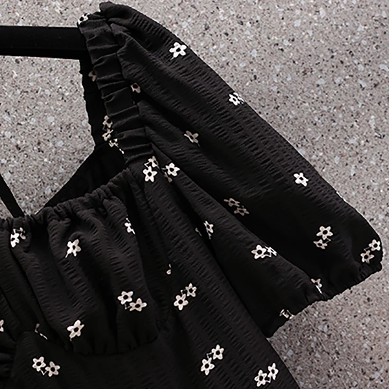 فستان متوسط الطول بياقة مربعة زهرية للنساء ، كوري كلاسيكي ، هيبورن ، مثير ، أنيق ، ملاصق للجسم ، غير رسمي ، حفلة ، صيف ، أسود ، صيني #5