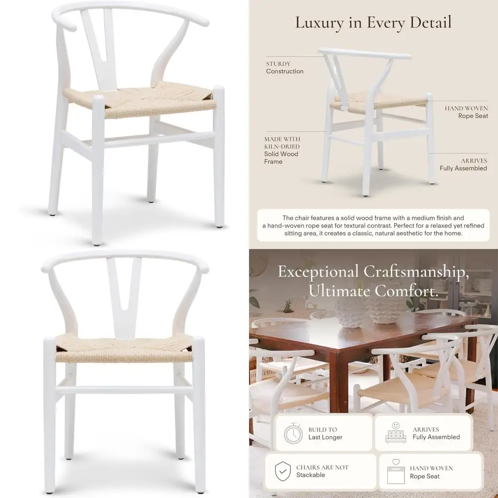 Mid-Century Modern Weave Dining Chair with Arms, Solid Wood Construction, Suitable for Indoors, White Finish
