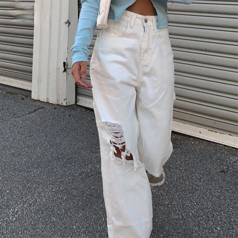 

Ripped White Jeans Women Cargo Pants Fashion High Streetwear High Waist Jeans Vintage Straight Leg Harajuku Boyfriend Denim Pant