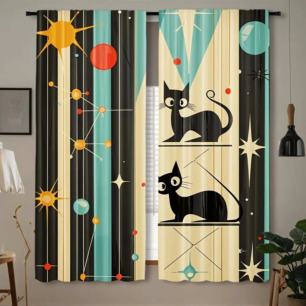 2 Panels Retro Black Cat Curtains, Mid-Century Modern Space Art Print, Geometric Polyester Drapes for Living Room