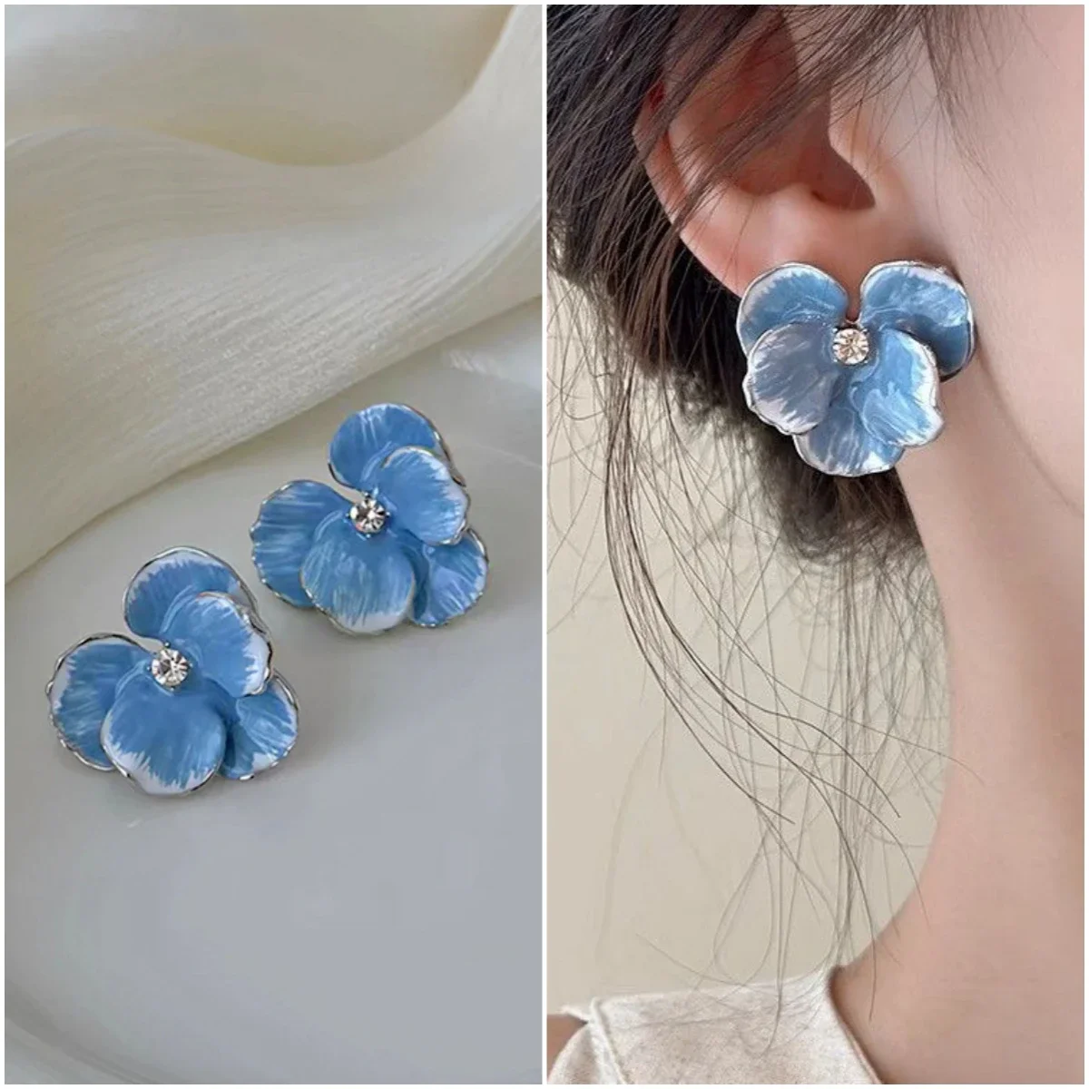 Retro Big Flower Stud Earrings Red Blue Enamel Oil Petal Rhinestones Earrings for Women Wedding Party Cute Elegant Jewelry Gift