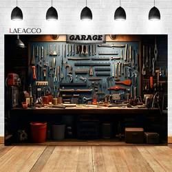 Laeacco Vintage Garage Backdrop Car Repair Tools Wood Wall Workshop Warehouse Mechanic Party Portrait Photography Background