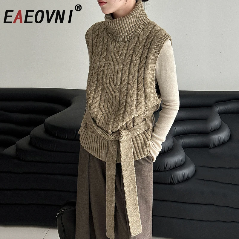 EAEOVNI بلا أكمام بلوفر مغزول سترة للنساء الياقة المدورة بلون حزام تجمع الخصر القمم ملابس الشتاء غير رسمية الجديدة #1