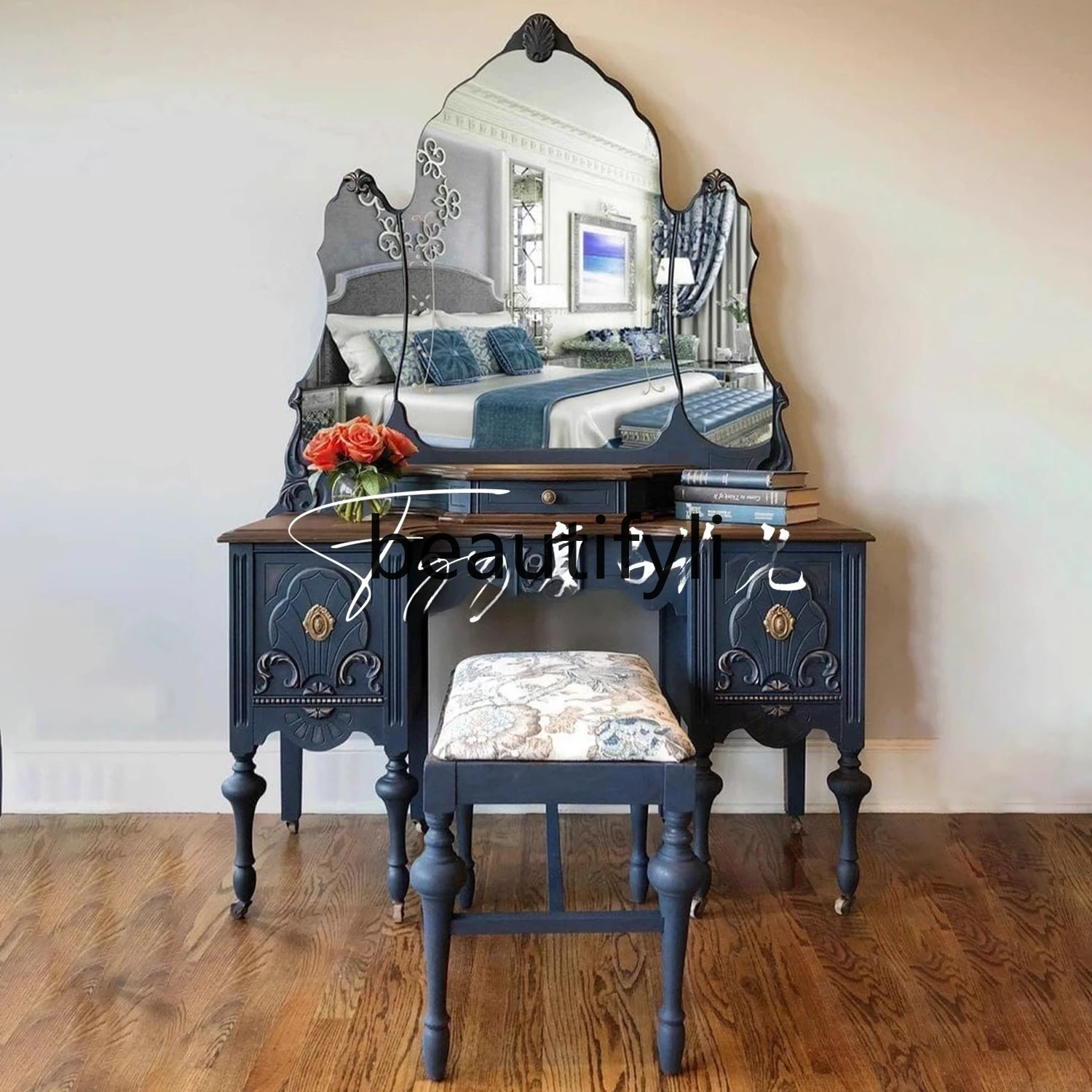

French retro solid wood dresser American retro makeup table bedroom storage cabinet integrated