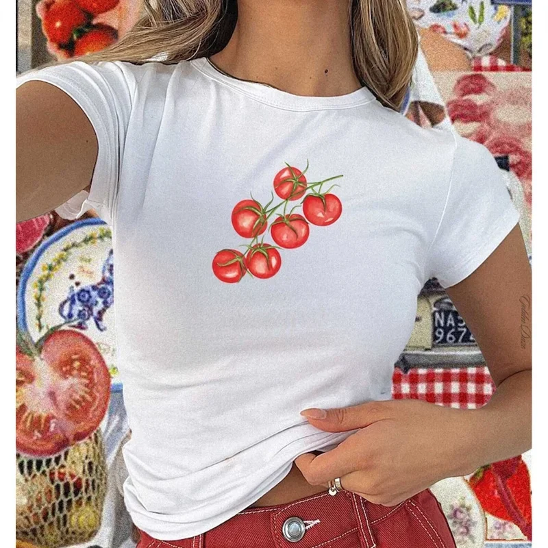 Camiseta de bebé y2k para mujer, Top corto con gráfico de frutas, camiseta de manga corta con cuello redondo, ropa estética de los años 2000, ropa de calle bonita