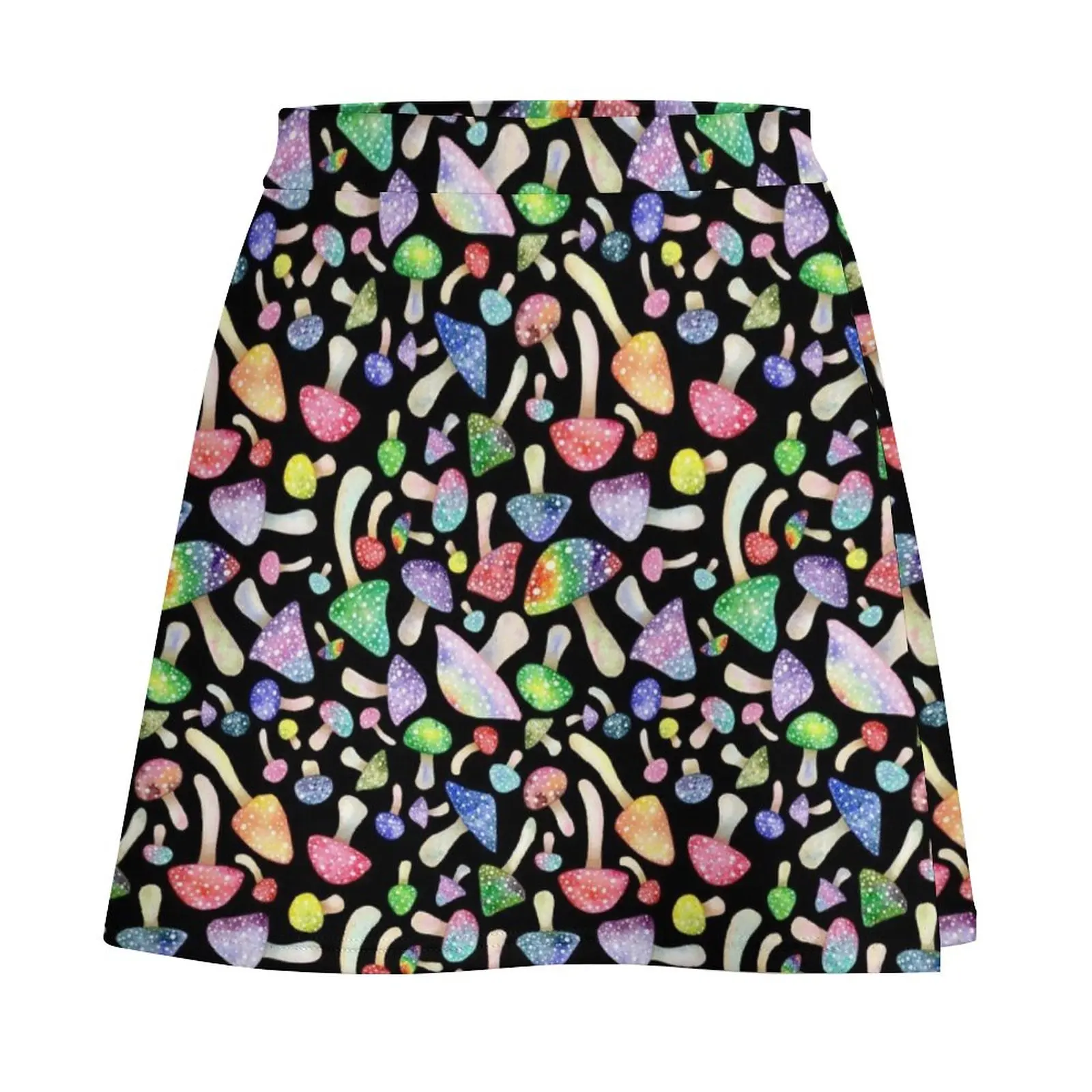 Spotted Watercolor Mushrooms on Black Mini Skirt Woman skirts japanese kawaii clothes