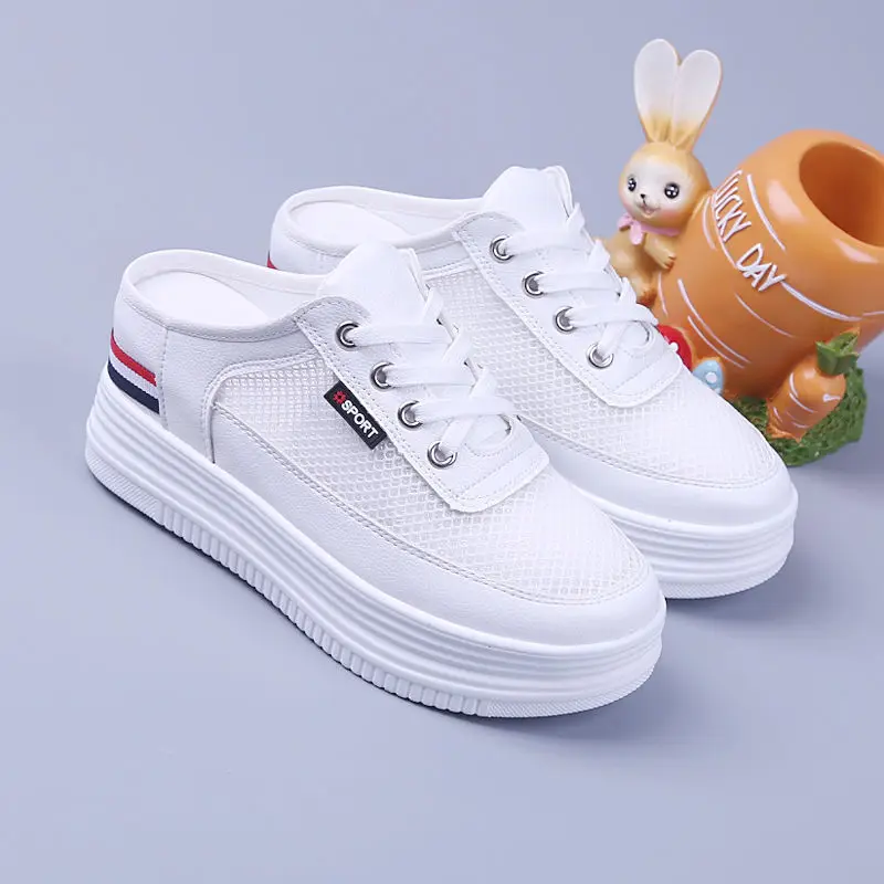 Women\'s Mesh Half Slippers Surface Hollowed Summer Versatile Student Bones Outdoor Breathable Closed Toe Mesh Casual Shoe White