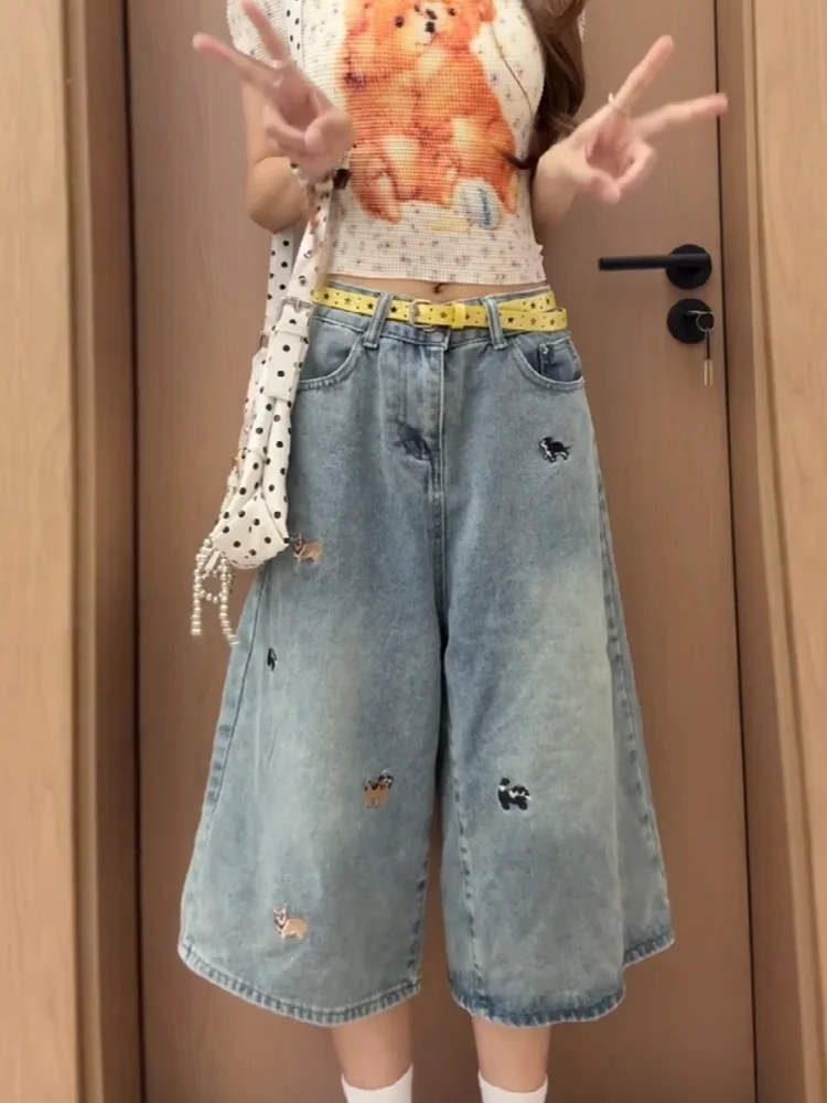 Sweet Cool Spicy Girl American Style Dog Embroidery Seven-Foot Loose Straight Leg Wide-Leg Jeans Women Summer Slimming Trendy