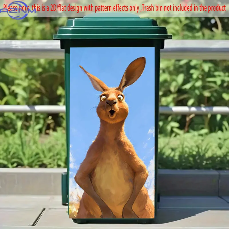 Surprised Cartoon Kangaroo with Blue Sky Self-Adhesive PVC Sticker - Decorative Art Wheelie Bin Decal for Trash Cans, Balcony,
