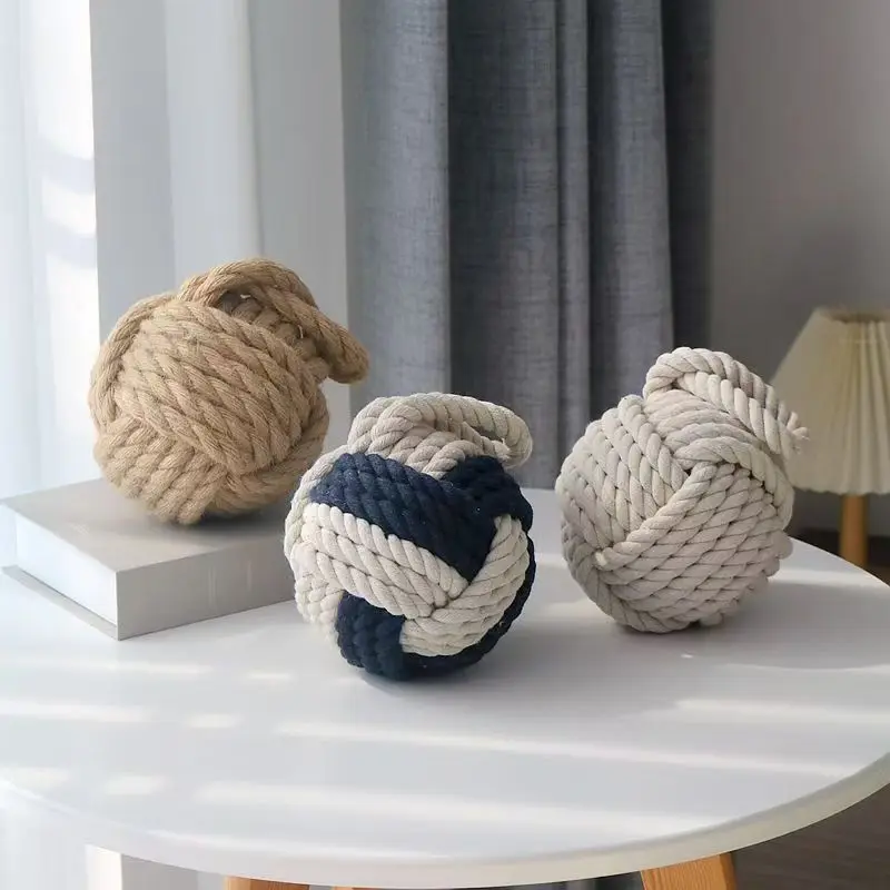 

1pc Hand-Made Hemp Rope Door Stopper Bookend, Solid Polyhedron Windproof Stopper with Knot Design, Anti-Collision Ball,