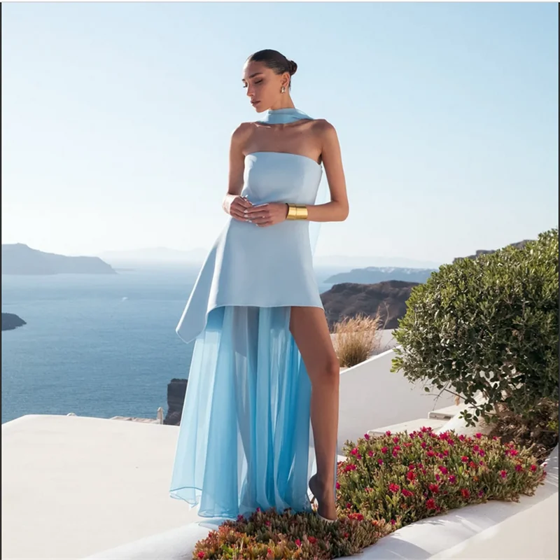 

Sky Blue A-line Elegant Evening Dresses Long Strapless Chiffon Party Dress Floor-Length Dubai FaShion Prom Gowns Customized