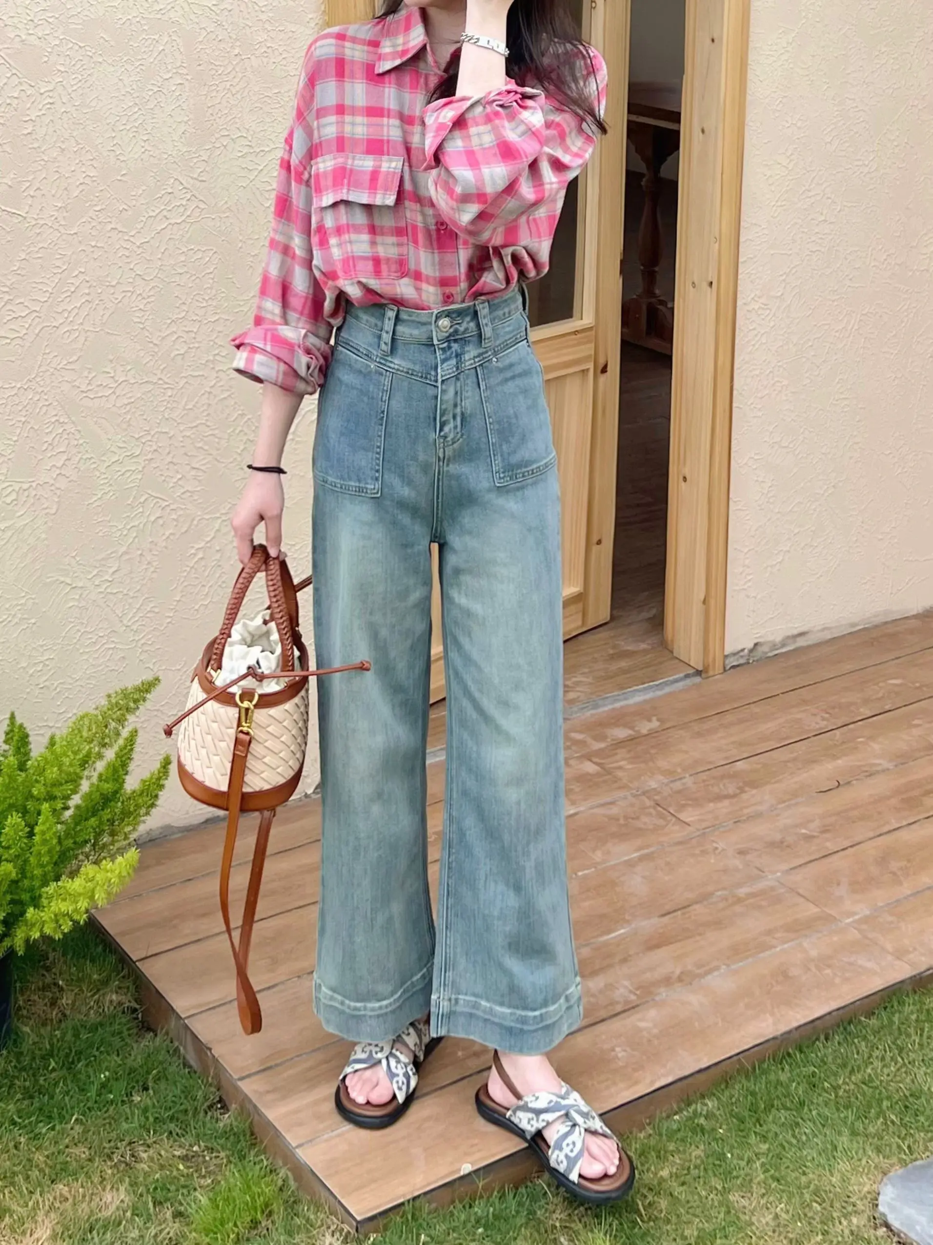 

Широкие джинсы с высокой талией в стиле ретро, женские весенне-летние новые прямые брюки со свободной талией и девятью точками, повседневные износостойкие брюки