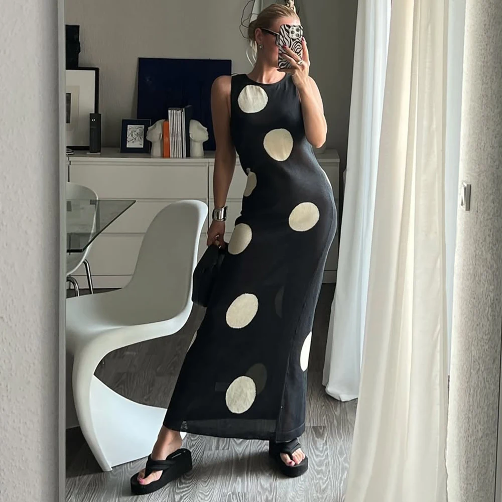 

Ticketsx Elegant Polka Dots Dress Women's See Through O Neck Sleeveless Knitted Long Dress Female Beach Holiday Casual Dresses