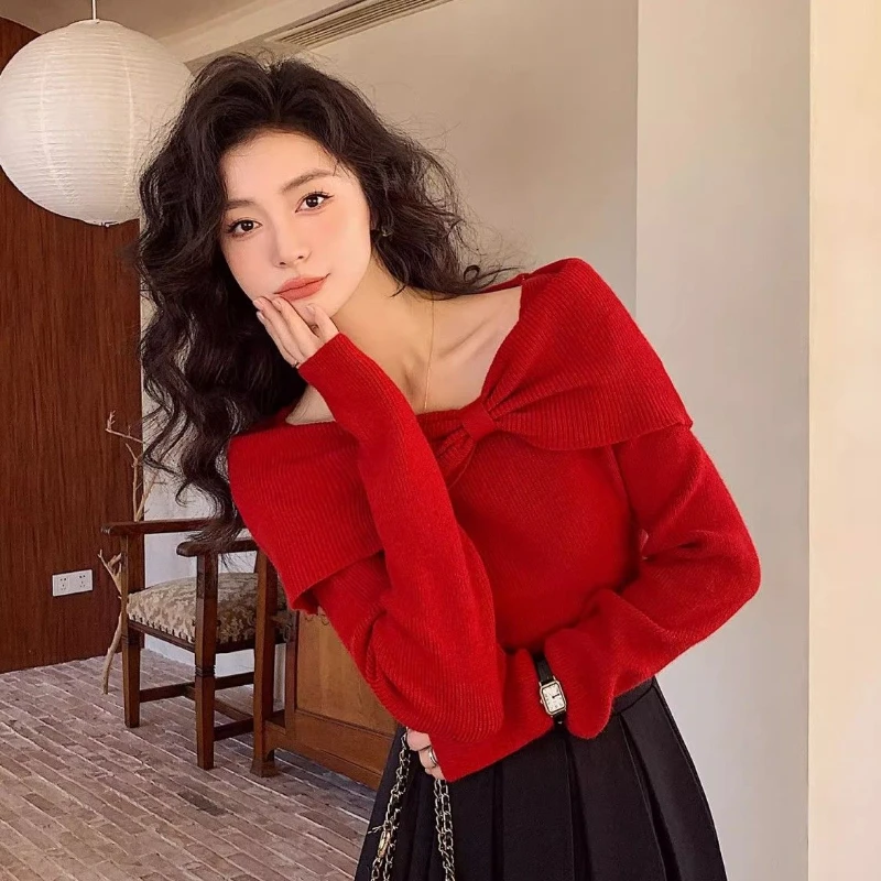 Red Pullovers Women Slash Neck Autumn Winter Casual Tender Elegant Female Tops Sexy Fashion Long Sleeve Mujer Korean Style Cozy