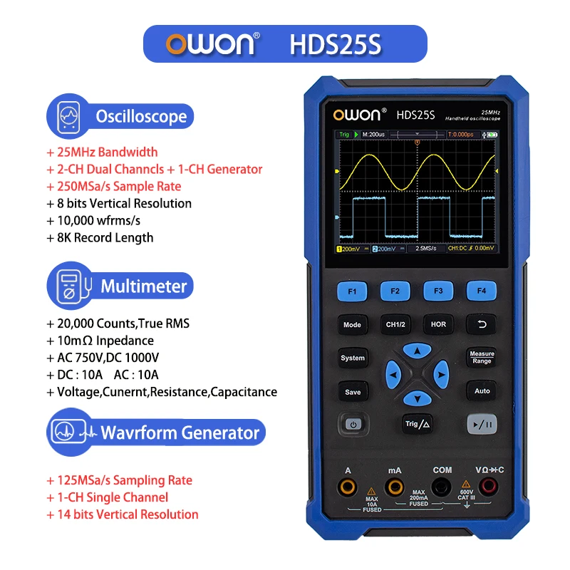 OWON HDS200-serie draagbare digitale oscilloscoop, draagbare 2CH-multimeter, hoge precisie elektronische reparatielaboratoriumtest