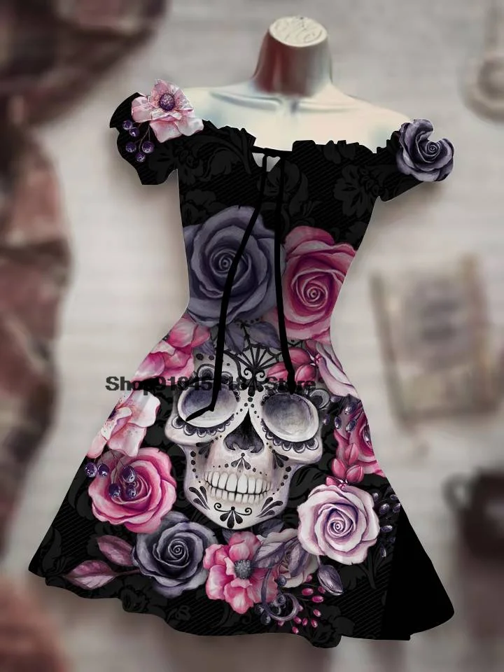 Horror Skull Grave Halloween Outdoor Ghost Costume 2022 Sexy Hawaiian Boho Short Sleeve Skull Rose Dress Vacation Clothing