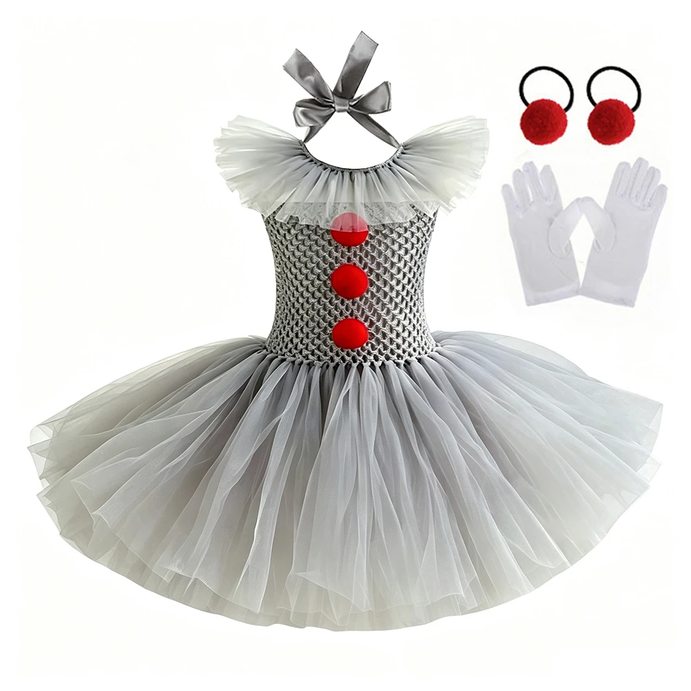 Girls Gray Clown Tutu Cosplay Costume Set Halter Tulle Dress With Gloves Pom Pom Hair Ties For Holiday Dress‑up Party