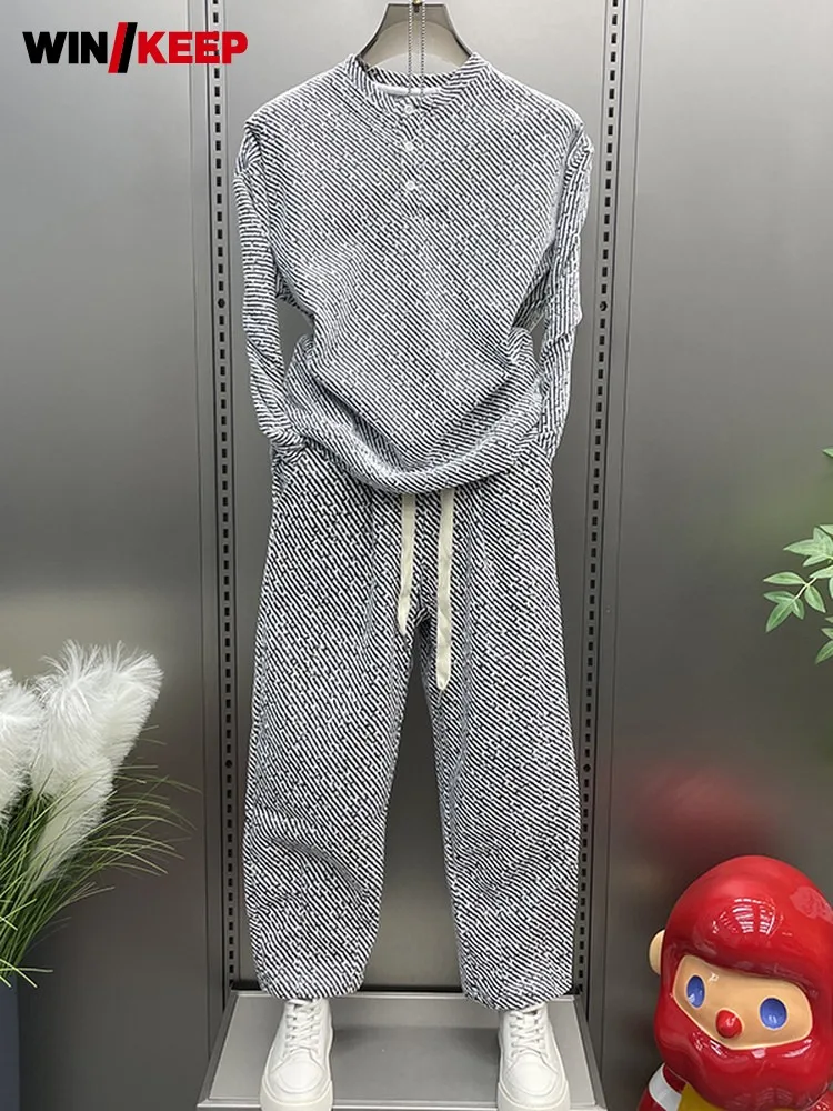Outdoor Running Set Men Autumn Winter Thick Two Piece Set Loose Fit Jogging O Neck Tops Sweatpants Tracksuit New Sportswear Sets