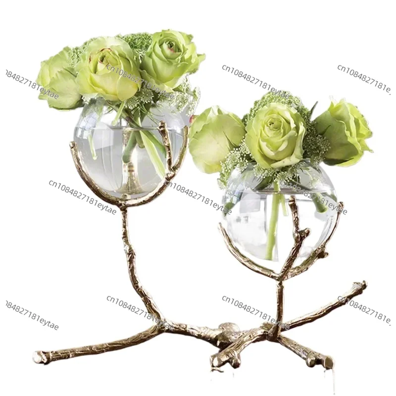 Glass Vase with Golden Branches & Brass Holder, Tabletop Home Decor Flower Vase