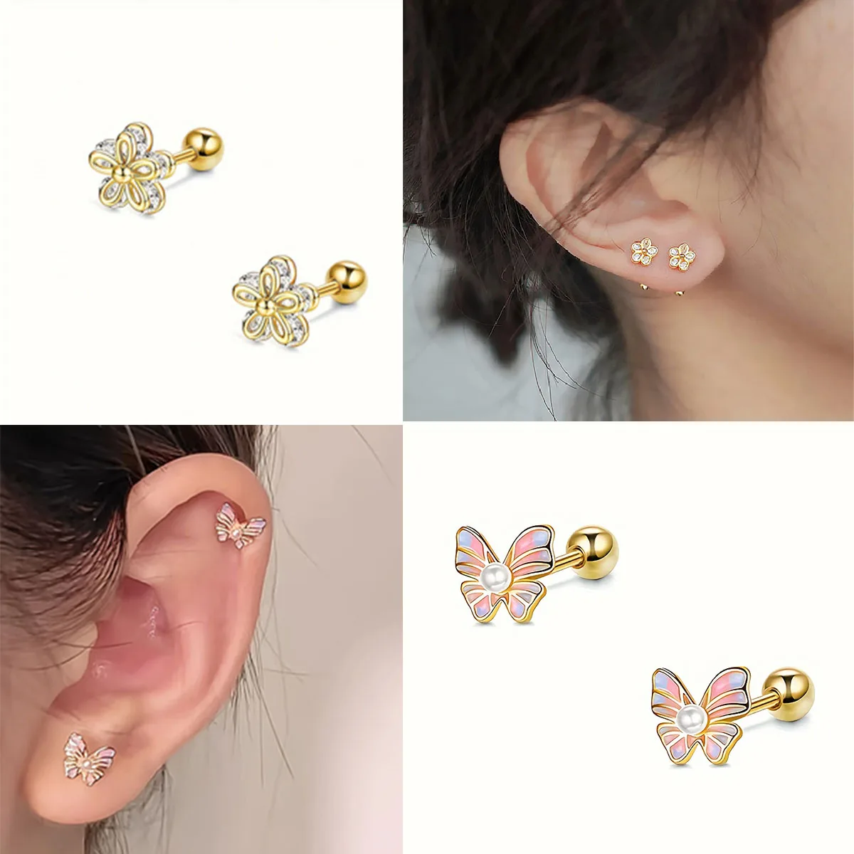 Pendientes simples de acero inoxidable, pendientes de cartílago con piercing de mariposa y flor de abeja dulce y linda, pendientes de tuerca, pendientes