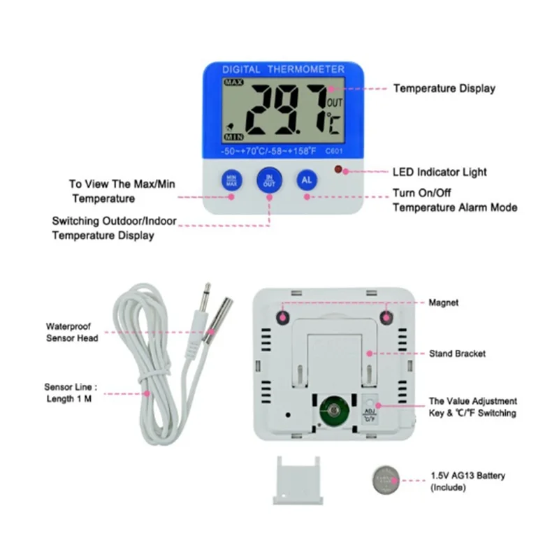 Termometro digitale per frigorifero con display LCD con allarme e termometro digitale per congelatore a temperatura massima minima per interni ed esterni ﻿