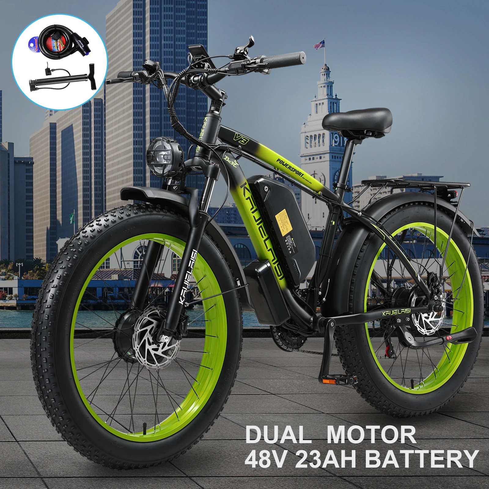 Kaijielaisi V3 AWD Electric Bike for Adults, Peak 4000W Power 26” Fat Tire Ebike, Dual Motor Electric Bicycles, 48V 22.4AH Removable Battery Fast Dual Hydraulic Brakes 21-Speed Electric Mountain EBike image 1