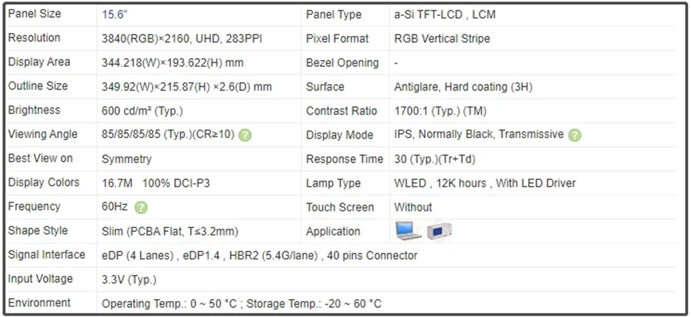 LP156UD3 SPB1 LP156UD3-SPB1 15.6 inch Laptop LCD Screen Panel IPS 4K UHD 3840x2160 EDP 40pins 100% DCI-P3 600 cd/m² (Typ.)