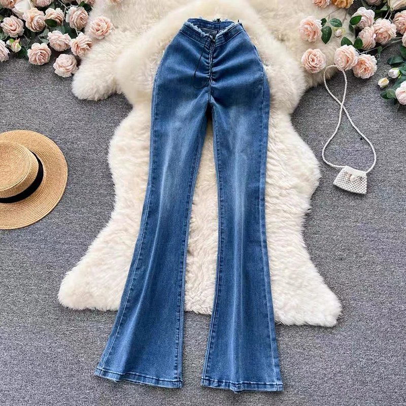 High Waist Pleated Elastic Micro Flared Pants for Women Summer 2024 New Fashion Casual Streetwear Blue Jeans Women\'s Clothing